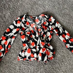 NWOT Black and orange wrap blouse